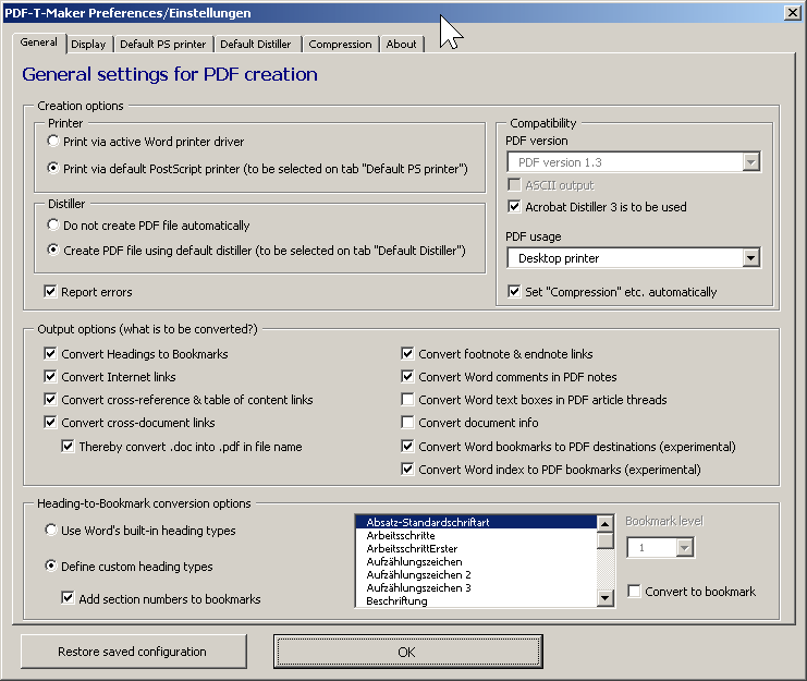 (Dialog window for PDF-T-Maker settings)